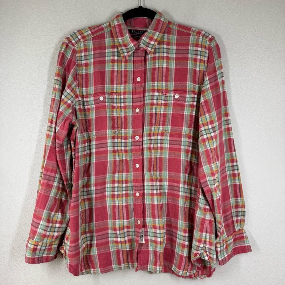 Lauren Ralph Lauren Women’s Western Style Pink Plaid Shirt Button Up Size Large